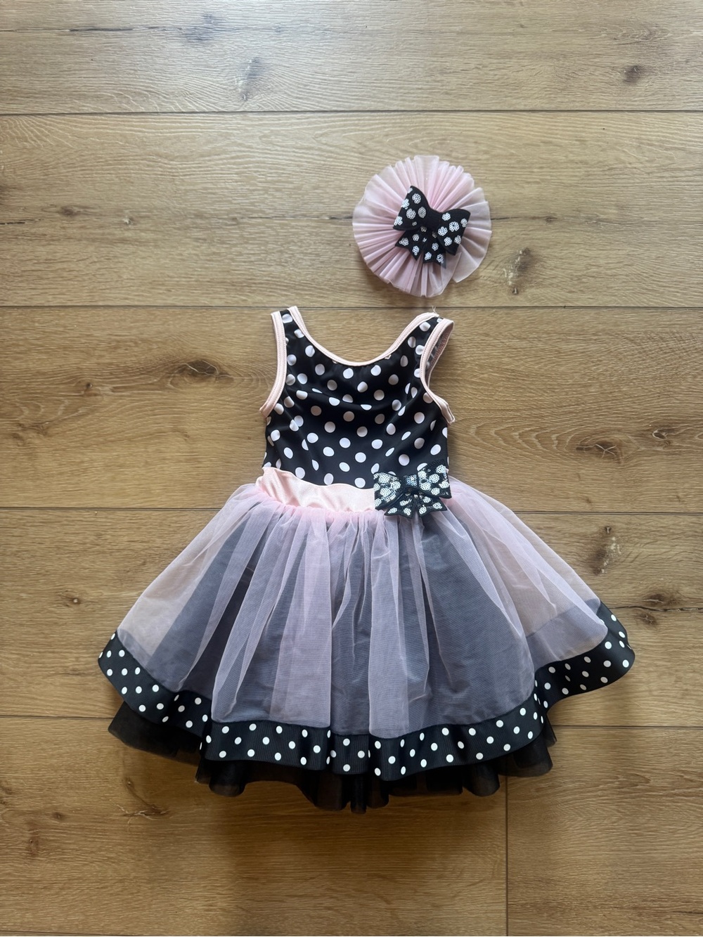 Weissman Pink and Black Polka Dot Tulle Dance Costume with Bow